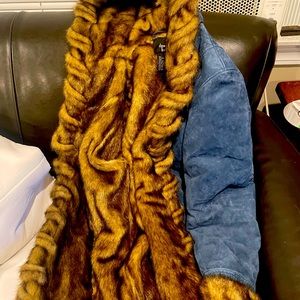 womens small coat blue genuine leather outside and fur on the inside barely used